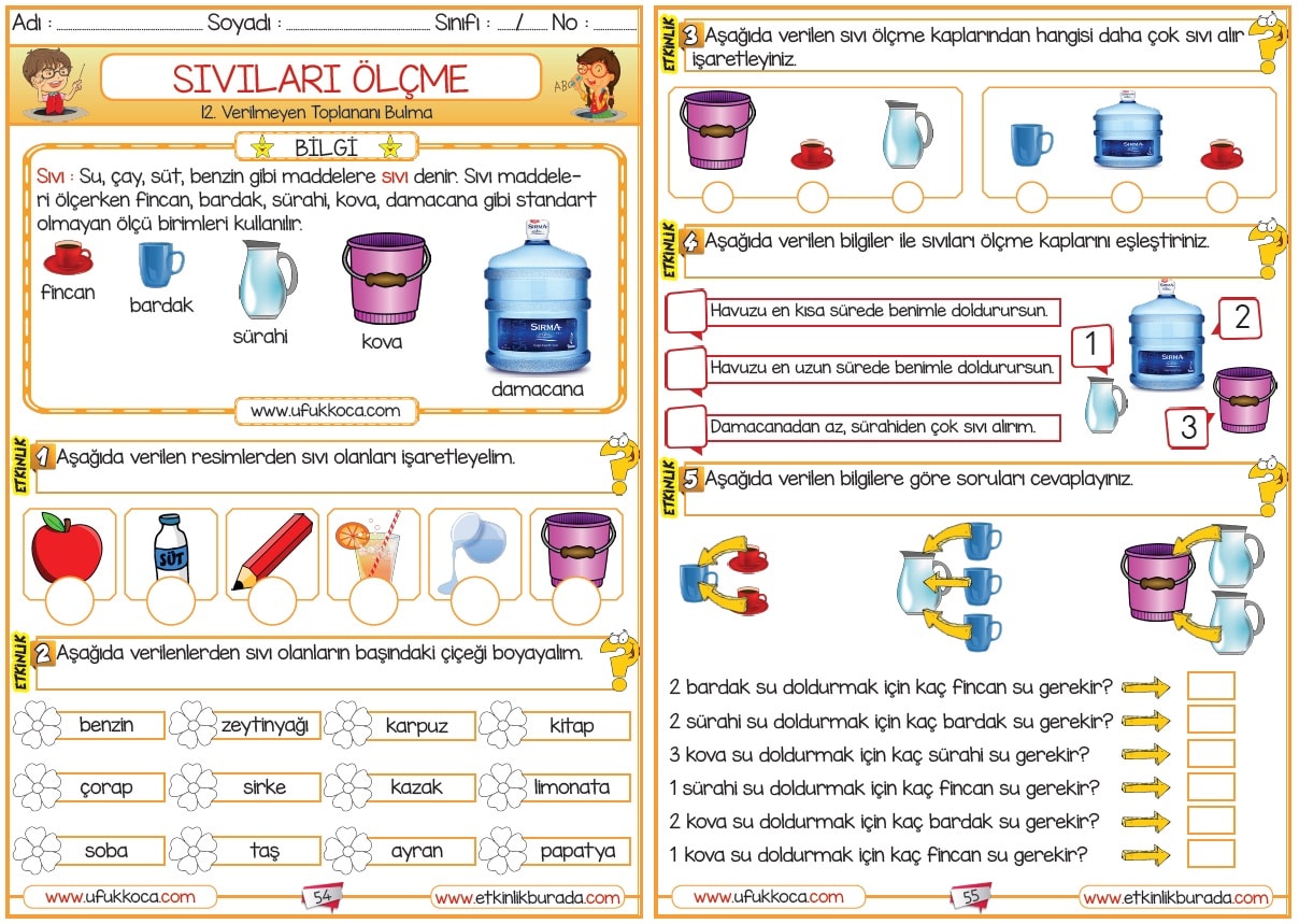 12-) 2.Sınıf Matematik Sıvıları Ölçme Etkinlikleri + Problem + Test ...